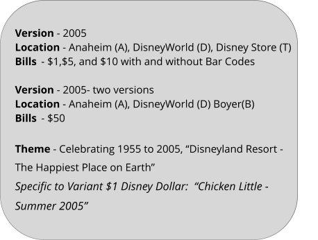 Theme - Celebrating 1955 to 2005, “Disneyland Resort - The Happiest Place on Earth” Specific to Variant $1 Disney Dollar:  “Chicken Little - Summer 2005”   Version - 2005	 Location - Anaheim (A), DisneyWorld (D), Disney Store (T) Bills	- $1,$5, and $10 with and without Bar Codes  Version - 2005- two versions Location - Anaheim (A), DisneyWorld (D) Boyer(B) Bills	- $50