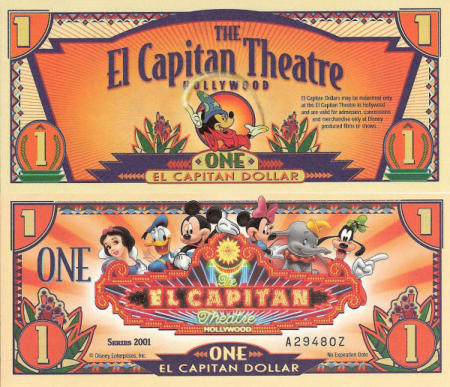 2001 El Capitan Theater Disney Dollar