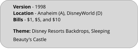 Theme: Disney Resorts Backdrops, Sleeping Beauty's Castle Version - 1998	 Location - Anaheim (A), DisneyWorld (D)  Bills	- $1, $5, and $10