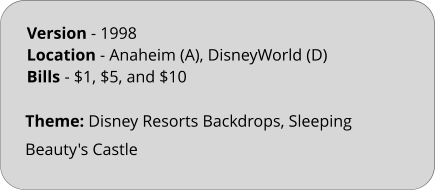 Theme: Disney Resorts Backdrops, Sleeping Beauty's Castle Version - 1998	 Location - Anaheim (A), DisneyWorld (D)  Bills	- $1, $5, and $10