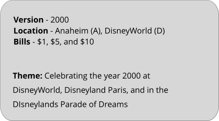 Theme: Celebrating the year 2000 at DisneyWorld, Disneyland Paris, and in the DIsneylands Parade of Dreams Version - 2000	 Location - Anaheim (A), DisneyWorld (D)  Bills	- $1, $5, and $10