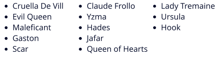 •	Cruella De Vill •	Evil Queen •	Maleficant •	Gaston •	Scar •	Claude Frollo •	Yzma •	Hades •	Jafar •	Queen of Hearts •	Lady Tremaine •	Ursula •	Hook