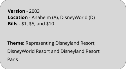 Theme: Representing Disneyland Resort, DisneyWorld Resort and Disneyland Resort Paris Version - 2003	 Location - Anaheim (A), DisneyWorld (D)  Bills	- $1, $5, and $10