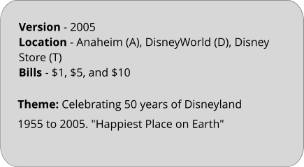 Theme: Celebrating 50 years of Disneyland 1955 to 2005. "Happiest Place on Earth" Version - 2005 Location - Anaheim (A), DisneyWorld (D), Disney Store (T)  Bills	- $1, $5, and $10