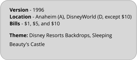 Theme: Disney Resorts Backdrops, Sleeping Beauty's Castle Version - 1996		 Location - Anaheim (A), DisneyWorld (D, except $10)  Bills	- $1, $5, and $10