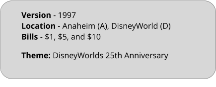 Theme: DisneyWorlds 25th Anniversary Version - 1997		 Location - Anaheim (A), DisneyWorld (D)  Bills	- $1, $5, and $10