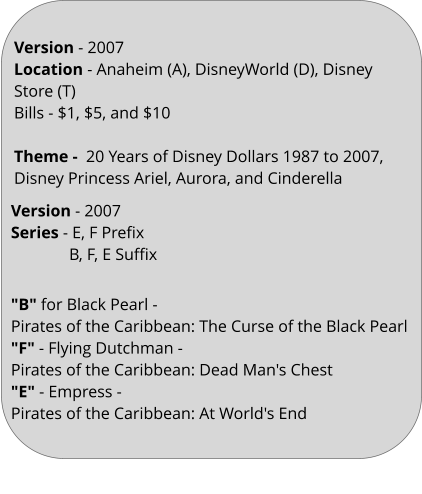 Version - 2007 Location - Anaheim (A), DisneyWorld (D), Disney Store (T) Bills - $1, $5, and $10 ​   Theme -  20 Years of Disney Dollars 1987 to 2007, Disney Princess Ariel, Aurora, and Cinderella   Version - 2007 Series - E, F Prefix               B, F, E Suffix   "B" for Black Pearl - Pirates of the Caribbean: The Curse of the Black Pearl "F" - Flying Dutchman -  Pirates of the Caribbean: Dead Man's Chest "E" - Empress -  Pirates of the Caribbean: At World's End