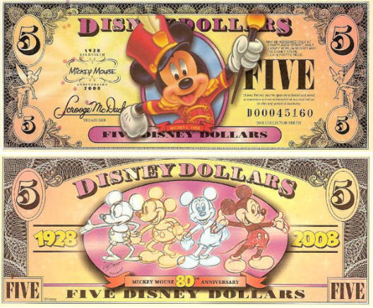 2008 $5 "Circa 1955 Mickey Mouse" Disney Dollar