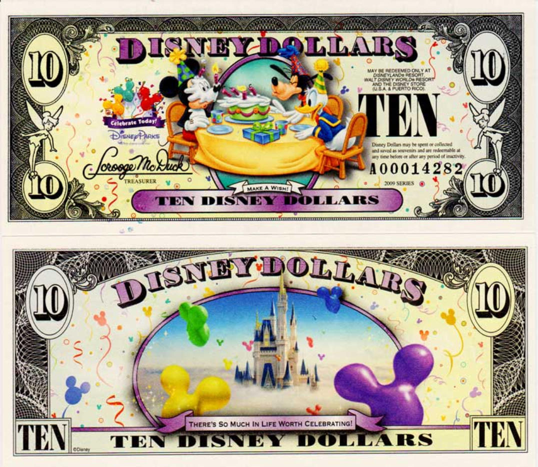 Walt Disney Dollars $1 $5 $10 envelope newest 2009