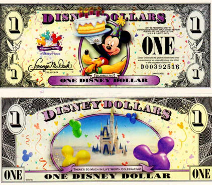 2009 $1 Pluto and Mickey Mouse holding a Cake "Celebrate You" Disney Dollar