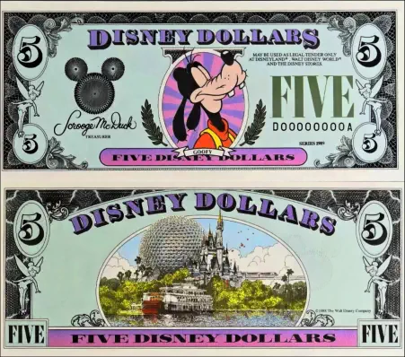 1989 $5  Disney Dollar Series "D"