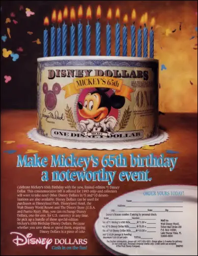 Disney News Magazine spring 1993 Disney Dollar advertisement 